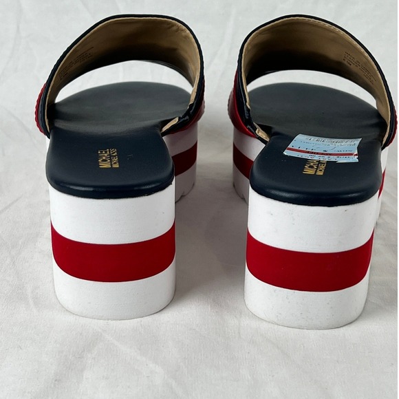 Michael Kors Logo Platform Wedge Slides Sandals Red Navy White Women 6.5 Leather - Picture 5 of 9